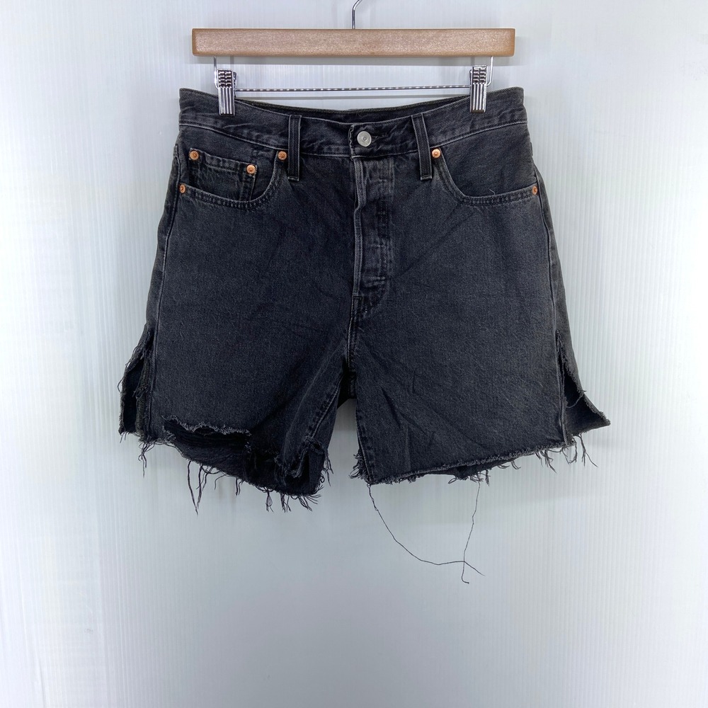 Levis 501 Black Denim Button Fly High Rise Cut Off Jean Shorts Womens 29